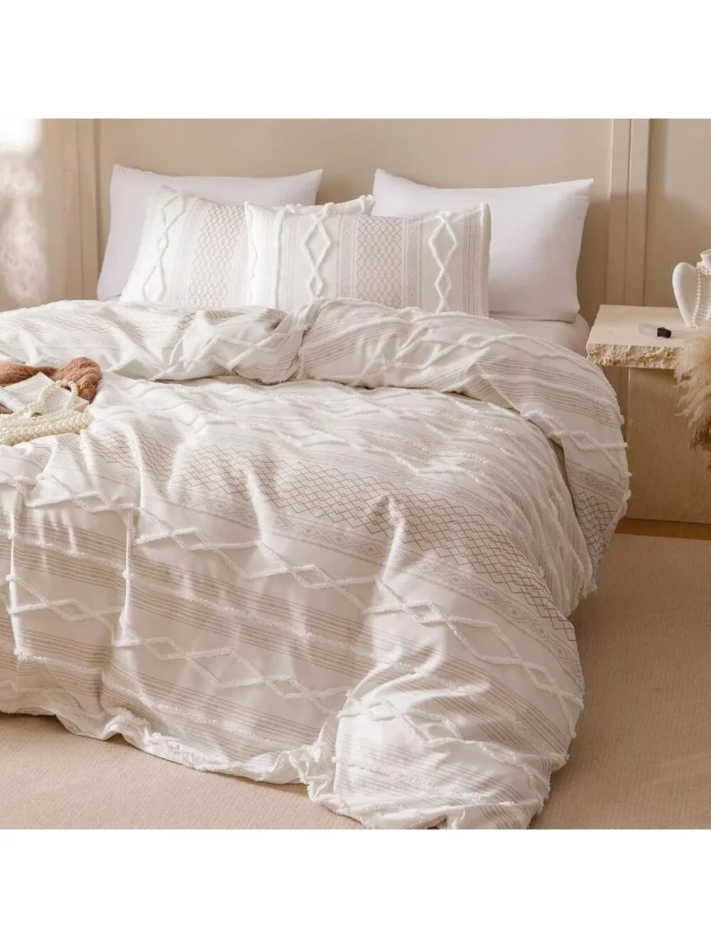 Queen White Boho Comforter Set - Soft Tufted Bedding, Rustic Chic 3PCS Quilt